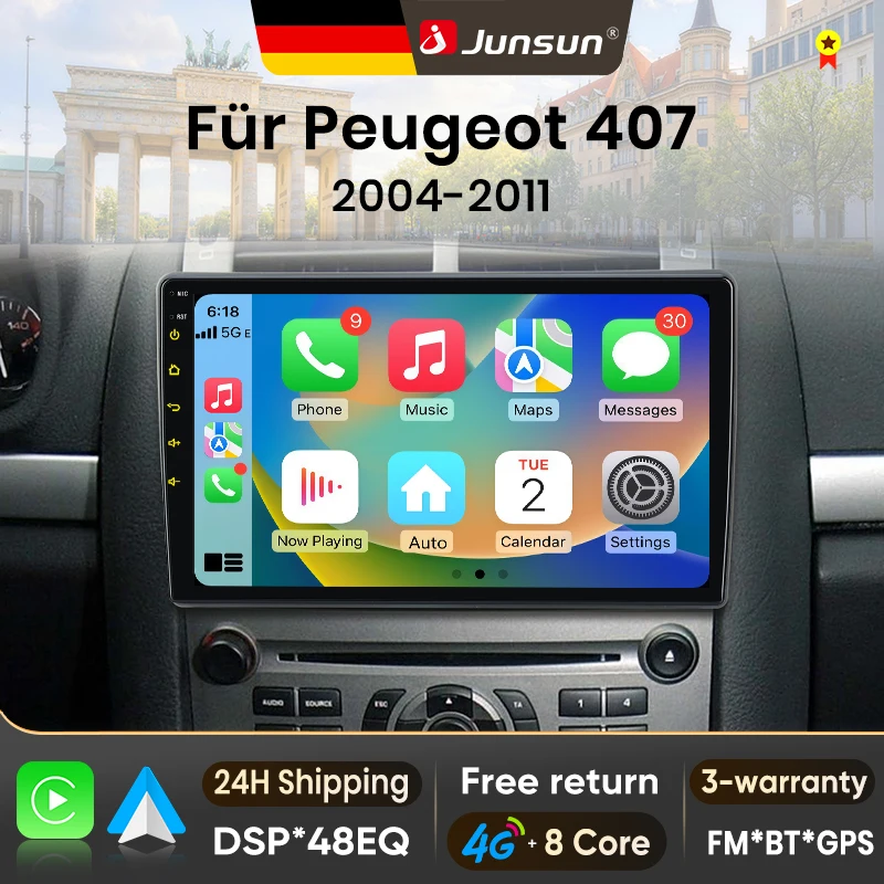 Radio para coche Junsun de 9 pulgadas con Android 15 para Peugeot 407 CC SW 2004-2011, inalámbrico para Apple CarPlay, pantalla táctil, reproductor multimedia de vídeo, sistemas inteligentes para automóvil, 2 Din, autorradio, unidad principal, navegación GPS, BT, 4G, WIFI, 8 núcleos, SWC, FM, AM, DSP, RDS, DAB 1