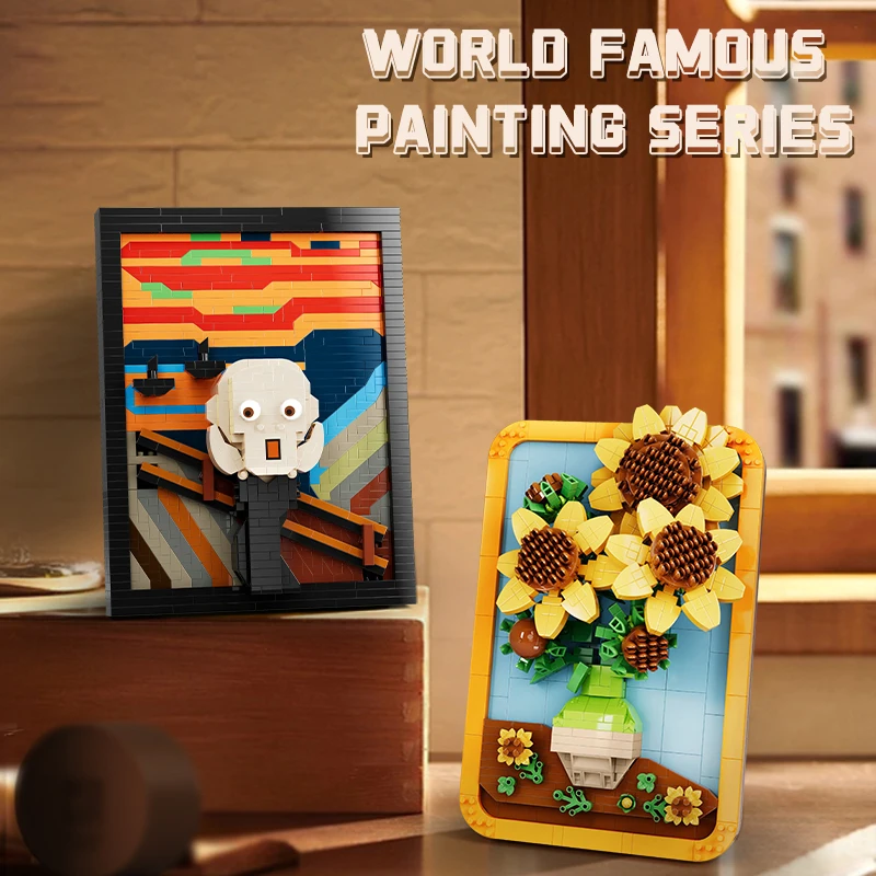 Creative World Famous Classic Painting Van Gogh Girasoli Building Block Moc The Scream Arts Small Particle Assembly Toys Gifts