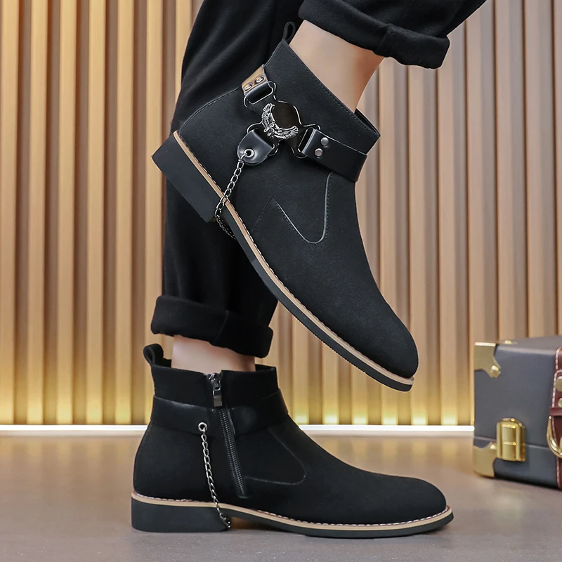 Men's Retro Classical Chelsea Boots Suede Leather Men Fashion Side Zipper Ankle Boots Casual Short Boots Handmade High-Top Shoes