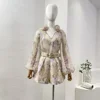 Appliques 2024 Women New Collection High Quality Floral Print Lantern Sleeve Pure Silk Blouse and Belted Linen Shorts Sets 1