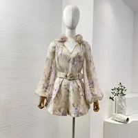 Appliques 2024 Women New Collection High Quality Floral Print Lantern Sleeve Pure Silk Blouse and Belted Linen Shorts Sets 1
