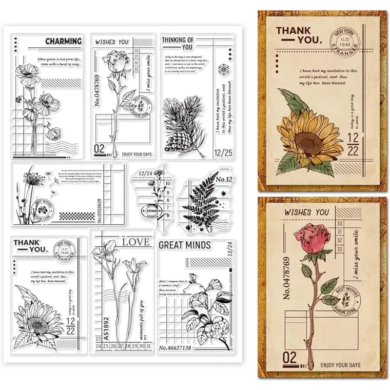 1 Sheet Vintage Flower Background Clear Stamps Art Journal Silicone Stamps Retro Flower Rubber Stamps Transparent 29.7x21cm