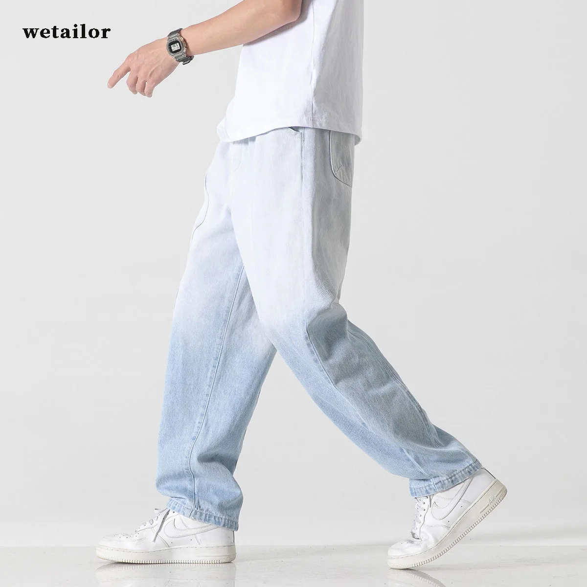 Black Men's And Women Jeans Gradient Wide Leg Jeans For High Waist Pants Blue Straight Loose Distressed Street Jeans Gradient