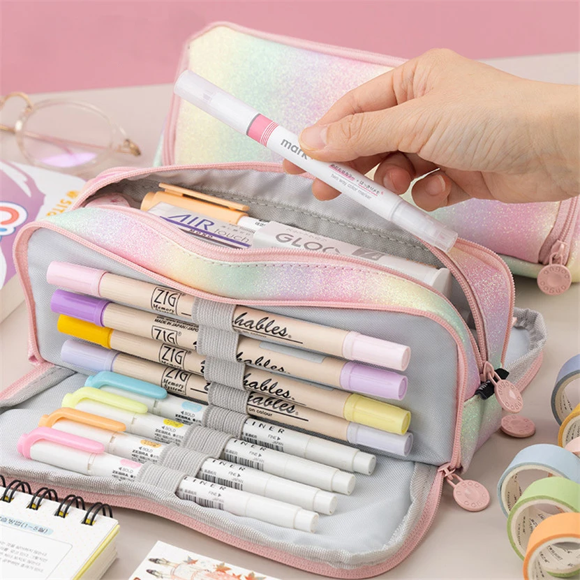 Pencil Cases Stationery Box Pen Storage Bag Pencil Cases School Pen Case Large Storage Bag Cute Pouch Kawaii Multifunctional Rainbow Papeleria School Supply Stationery