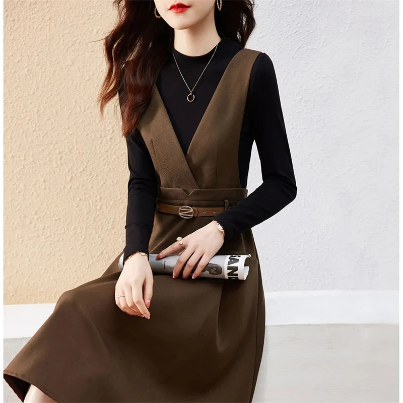 vintage slim tank Dress 2 Piece Set black knitted pullover + belt Midi sleeveless Vestido Conjuntos Fall Winter Dresses Outfits