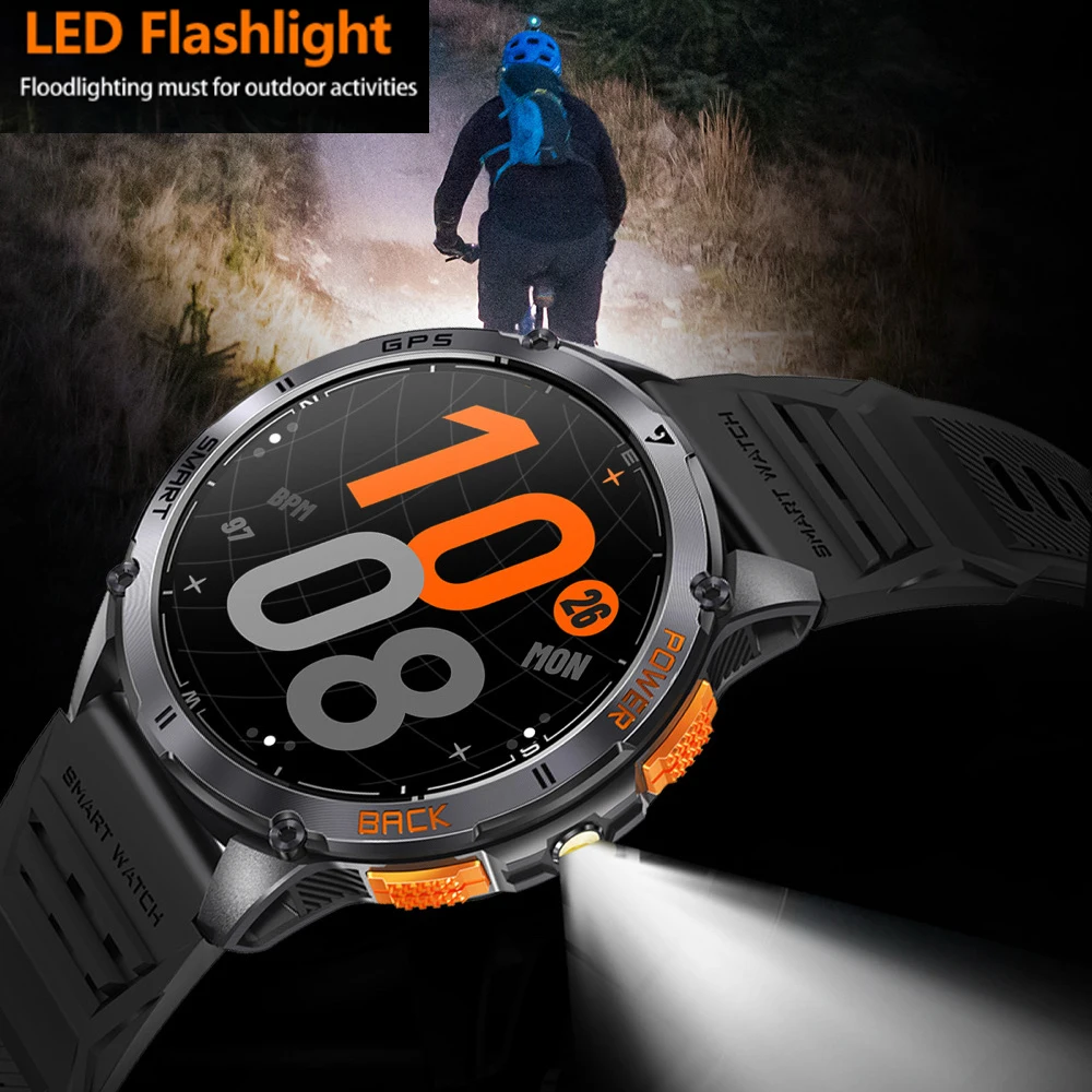 Smartwatch Sportivo GPS con Schermo AMOLED, Impermeabile IP68, Torcia LED, Bussola, Orologio da Uomo per Attività all'Aperto, Monitoraggio Salute, 530mAh, Musica