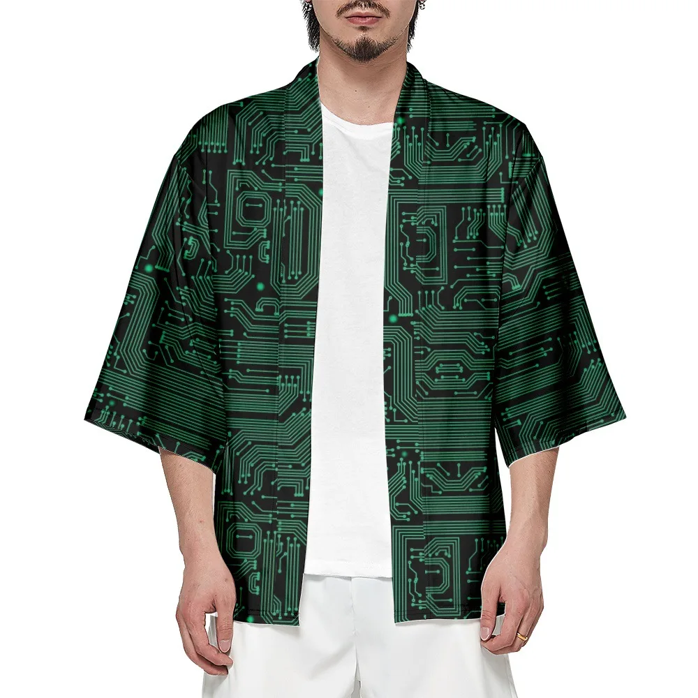 Haori Obi Beach Yukata Green Printed Kimono Women Men Cardigan Japanese Summer Shirt Asian Clothing japanese kimono japanese kimono cardigan japanese kimono shirt
