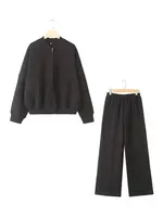 HH Women's 2-piece Retro Solid Color Zipper Bomber Jacket Sweatshirt + High-waisted Lace-up Women's Loose Velvet Pants Suit - Image 6