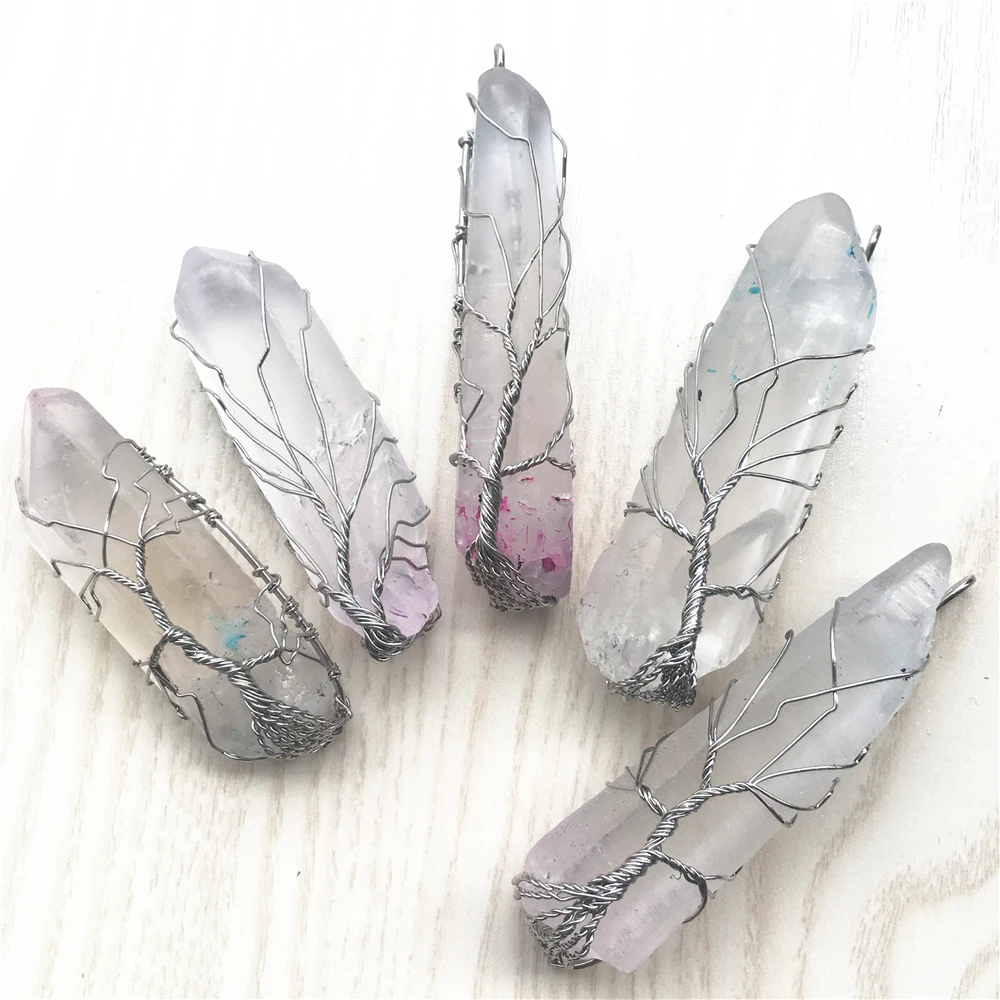 Natural Stone Clear Crystal Tree of Life Necklace Handmade Vintage Rainbow Antique Copper Wire Wrapped Pendant Necklace Jewelry