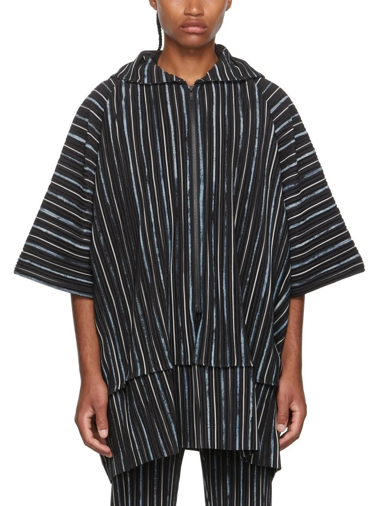 

MI TEMPIO Men's Pleats Striped Jackets with Hooded and Half Sleeve for Men Casual Pleated Zip Up Cardigan in Daily Man Fashion