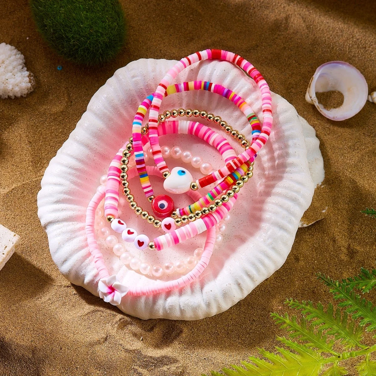 Weiche Polymer-Ton-Blumen-Keramik-Fisch-Herz-Böser-Blick-Armbänder für Damen und Herren – Sommerliche florale gestapelte Armreifen für Strandurlaub und Schmuck – Detail 25