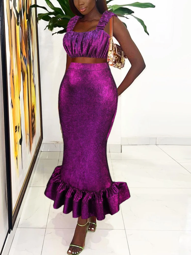 

Women Luxury Sparkly Sexy Two Piece Sets Short Tube Crop Top Long Package Hip Skirt Mermaid Celebrate Birthday Event Party Suit