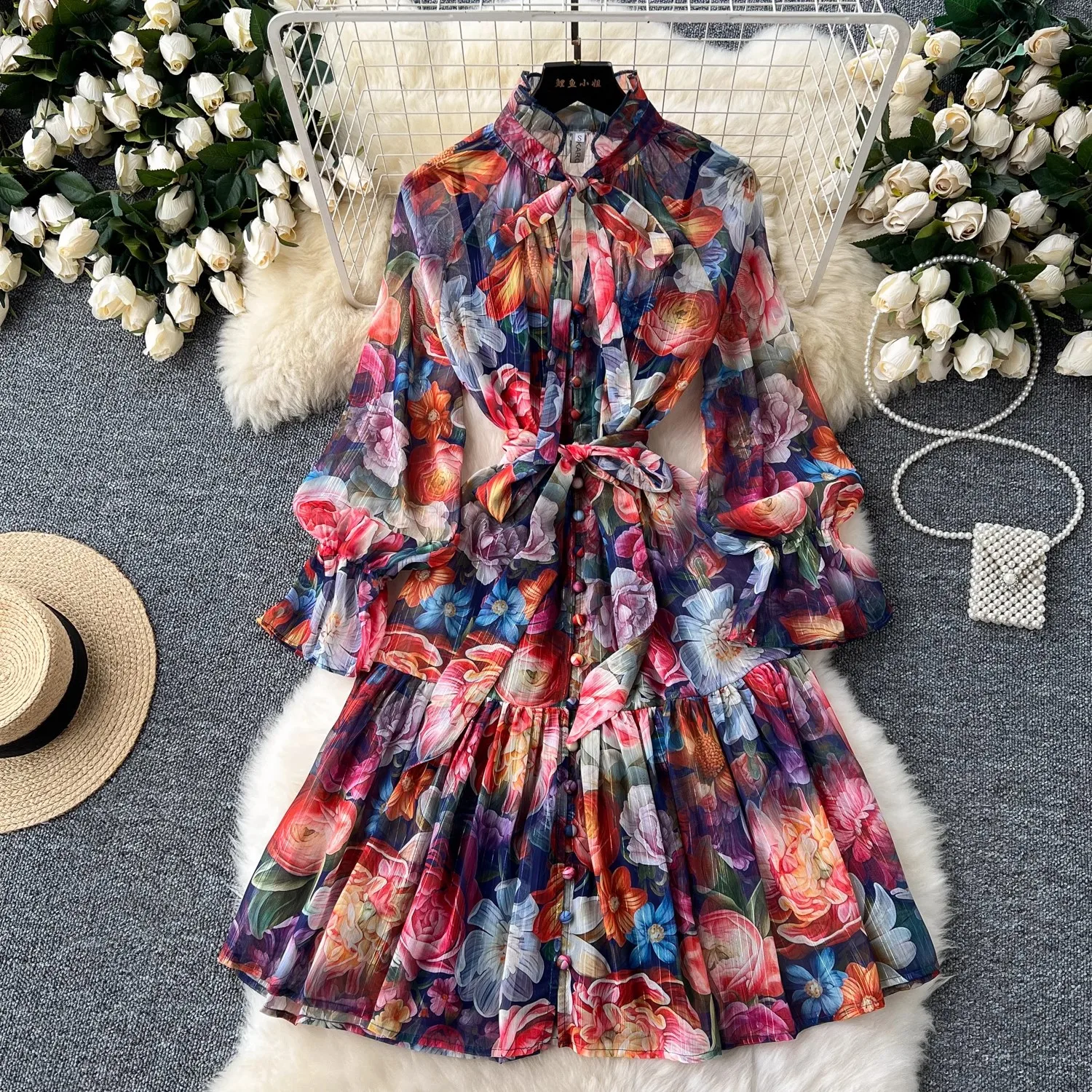 

Summer Gorgeous Holiday Beach Mini Dress Women's Bow Neck Long Flare Sleeve Print Lace Up Bright Silk Chiffon Loose Vestidos