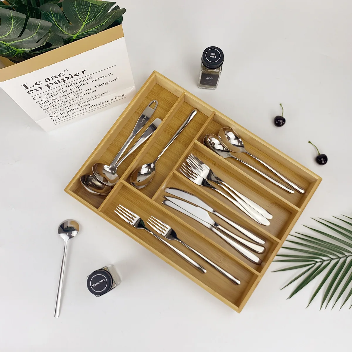 Bamboo storage box expandable knife and fork dividing and organizing box, drawer style cutlery storage boxes 4
