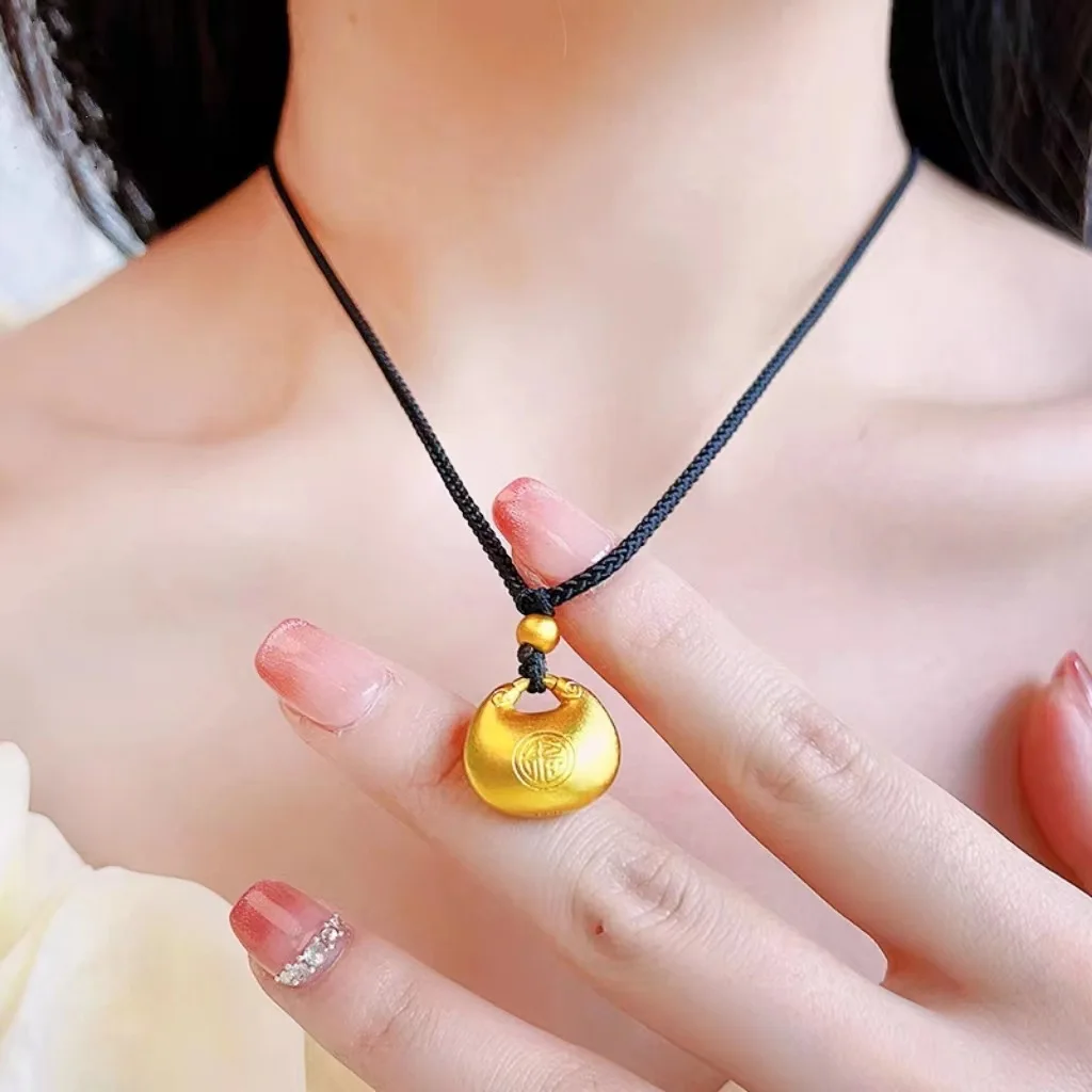 9999 real gold small fat Fu long life lock pendant 24K gold small lump pendant auspicious clouds Yuanbao lucky bag necklace