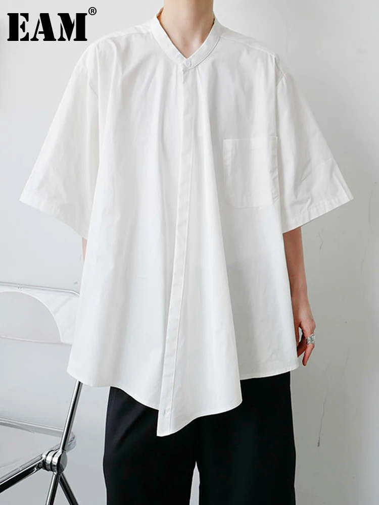 EAM-Women-White-Irreuglar-Hem-Big-Size-Blouse-New-Stand-Collar-Half ...