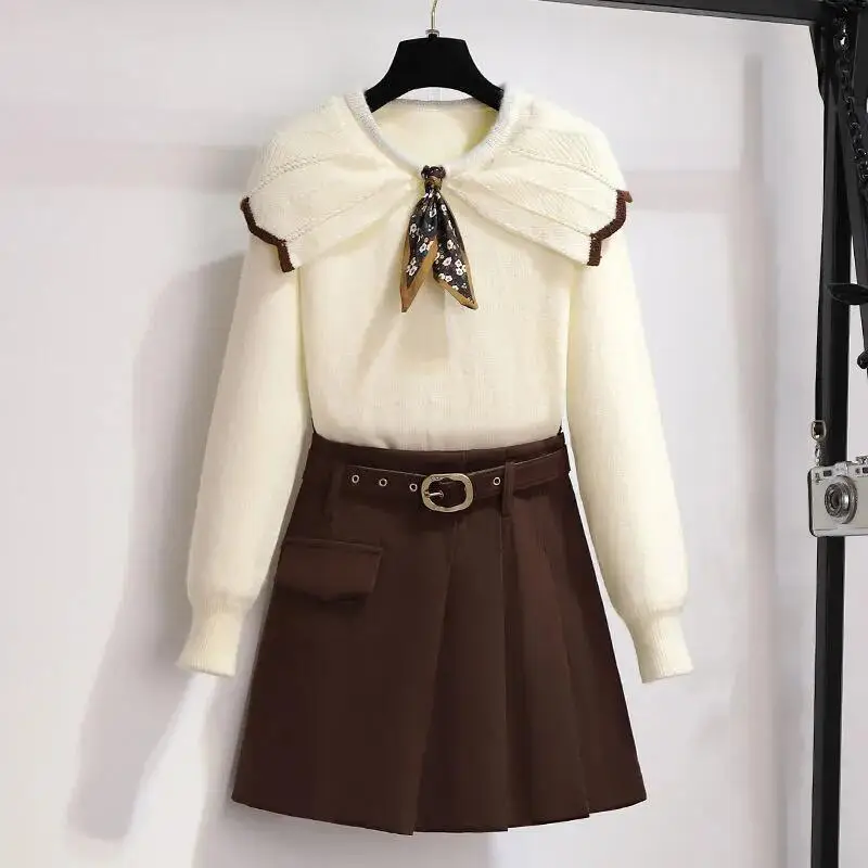 

2022 Fall Winter New Women's Graceful Bowknot Sweater Pleated Skirts Korean Student Casual Joker Knit Tops Skirts Two Piece Set