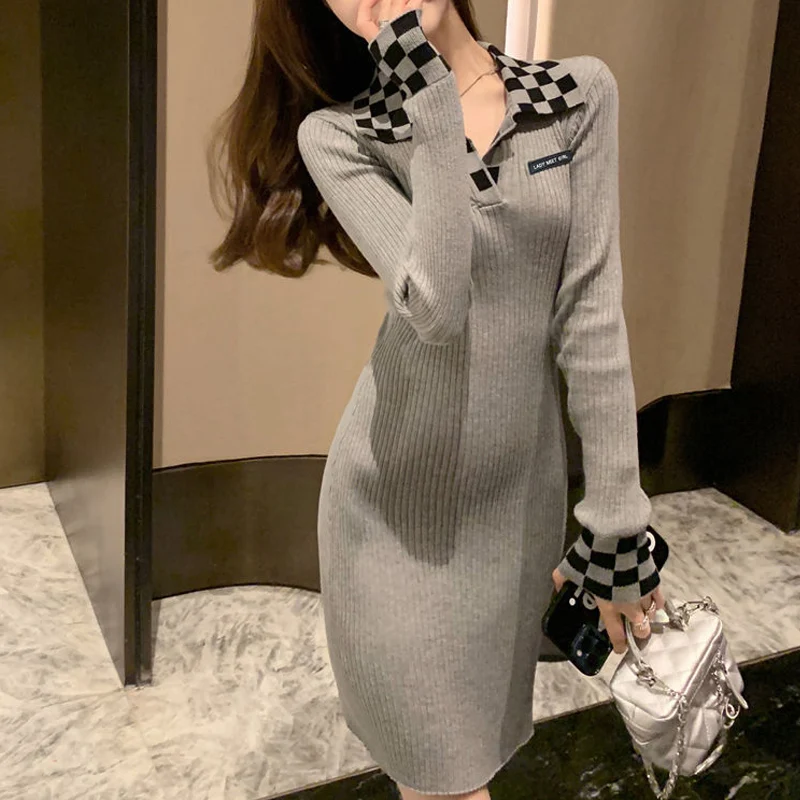 

Spring Autumn New POLO Collar Fashion Long Sleeve Mini Dress Women High Street Casual Slim Plaid Patchwork Elegant Sexy Dresses