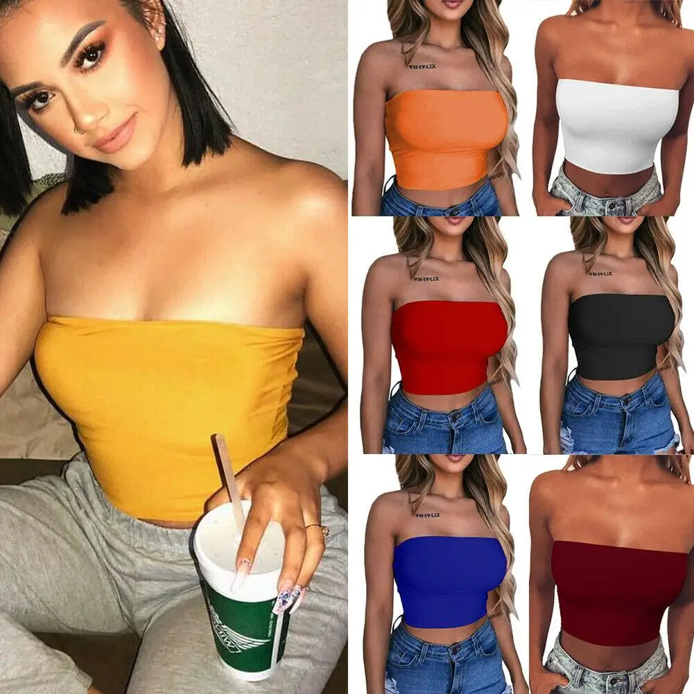 

Tops Top T-shirt Women's Camisole Solid Strapless Sexy Tank Color Elastic Camis Women's Tube Boob Summer Top Crop Tops Bandeau