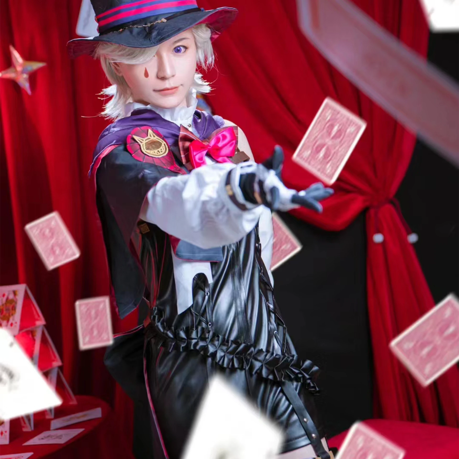 

Game Genshin Impact Lyney Cosplay Costume Kawaii Lynette Magician Leather Uniform Dress Short Hair Skirt Glove Wig Set