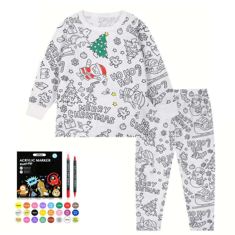 Colorable Two Piece Pajama Set for Children Boys Girls Color Your Own Handcraft Pyjamas Christmas Kids DIY Coloring Clothing