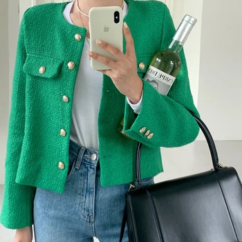 معطف تويد من الصوف لخريف وشتاء 2025 من AOSSVIAO موضة الراقية بزر ذهبي قصير ومزاج نحيف معاطف كورية للنساء 2