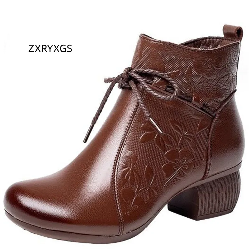 

ZXRYXGS элегантные высококачественные тисненые осенние кожаные ботинки из воловьей кожи на толстом каблуке женские ботинки 2023 зимняя теплая обувь модные ботинки