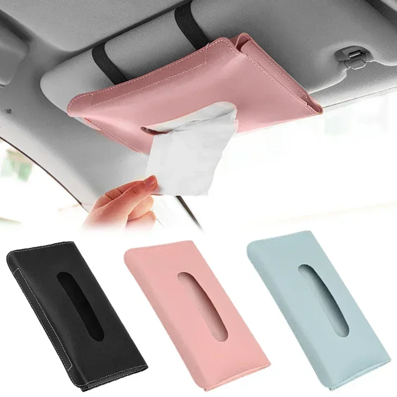 1Pcs Universal Car Sun Visor Hanging Tissue Box Holder PU Leather Car Tissue Boxes Auto Interior Storage Decoration Accessories