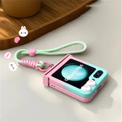 Adorable Rabbit Ears Gradient Phone Case with Anti-Lost Hand Strap for Galaxy Z Flip  4 (A)