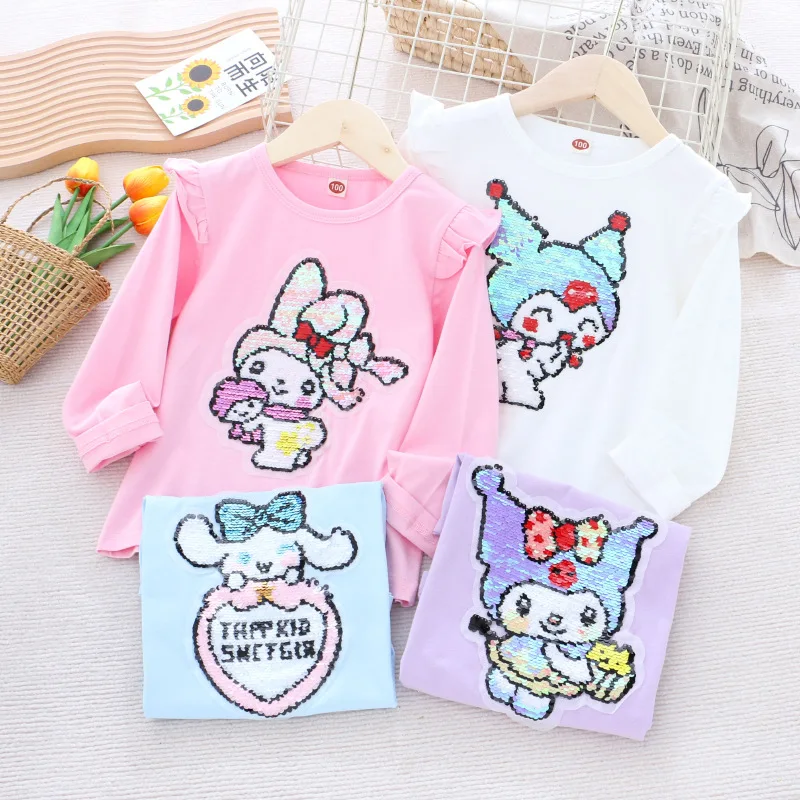 

Kawaii Sanrio Children's Sweatshirt Kuromi Cinnamoroll Cute Anime Girls Autumn Stretch Leggings Color Changing Sequined Sweater