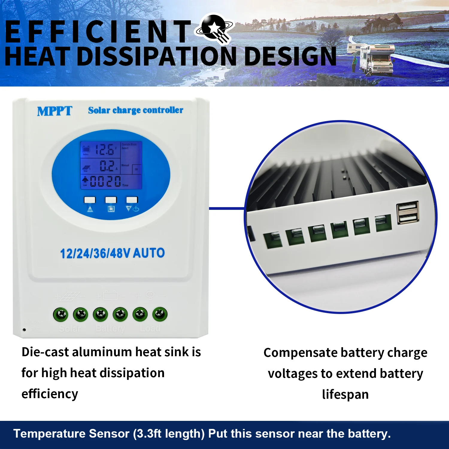 MPPT Solar Controller with Real-Time LCD Monitoring, 7 Modes & Multi-Voltage Sup