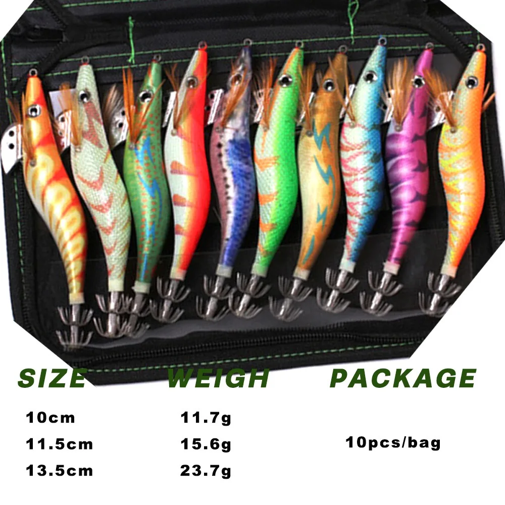 10Pcs Squid Jig Egi Bait 2.5# 3.0# 3.5# Glow Wood Shrimp Luminous Squid Hook Eging Octopus Cuttlefish Webfoot Sea Fishing Lures