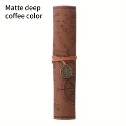 Creative Retro Leather Treasure Map Pencil Case - Large Capacity with Embossed Buckle Design (Matte Coffee Color)