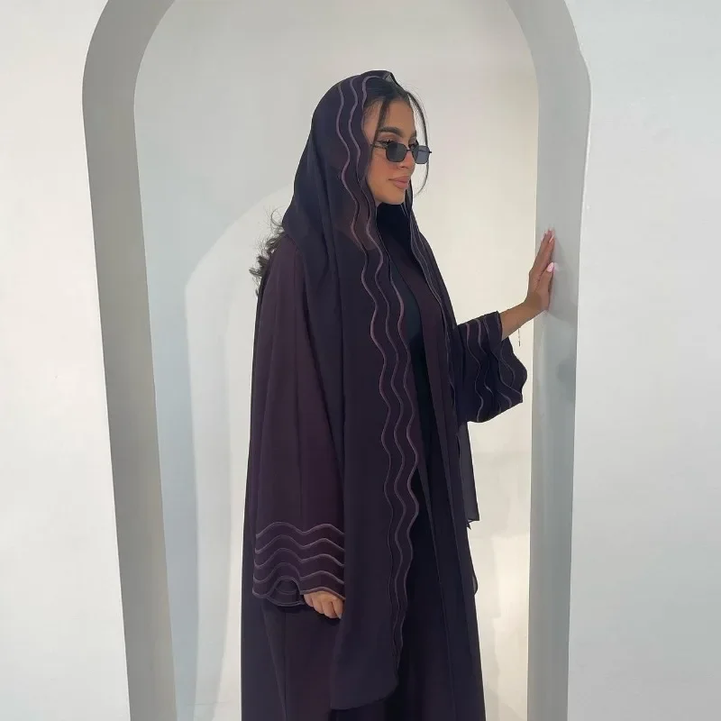 2024 New Abaya Under Dress Kaftan Solid Ramadan Muslim Sets Exquisite Embroidery Embroidery Coat with Headband Islamic Clothing