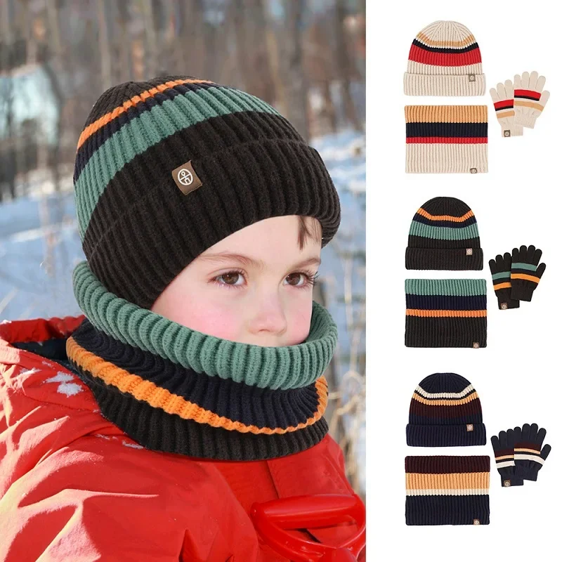 Luxurious Winter Hat Scarf Gloves Set for Kids 2-10 Years Old Boys and Girls Thermal Wool Ear Protection Knit Beanie Snood Scarf