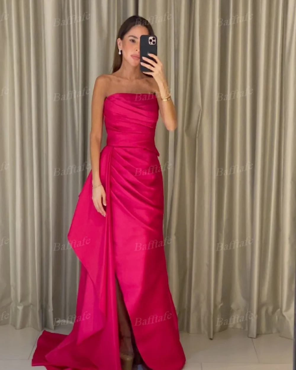 Bafftafe Einfache Meerjungfrau Abendkleider Satin Bein Schlitz Falten Maßgeschneiderte Formale Party Prom Kleid Lange Frauen Brautjungfer Kleider – Detail 1