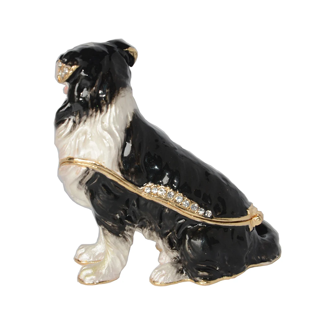 Border Collie Bejeweled Hinged Trinket Jewelry Box Miniature Dogs Sculpture Birthday Gift
