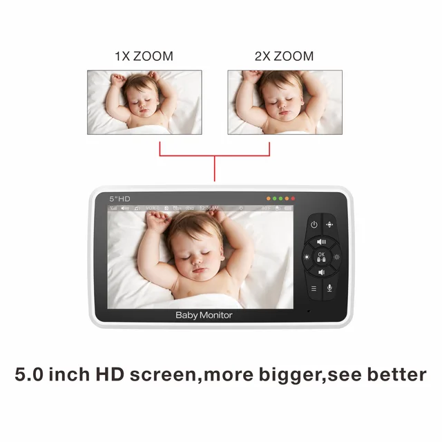 5 Inch Video Baby Monitor with Camera 4X Zoom Temperature Monitoring Two Way Audio Electronic Babysitter Built-in Lullaby SM50 5