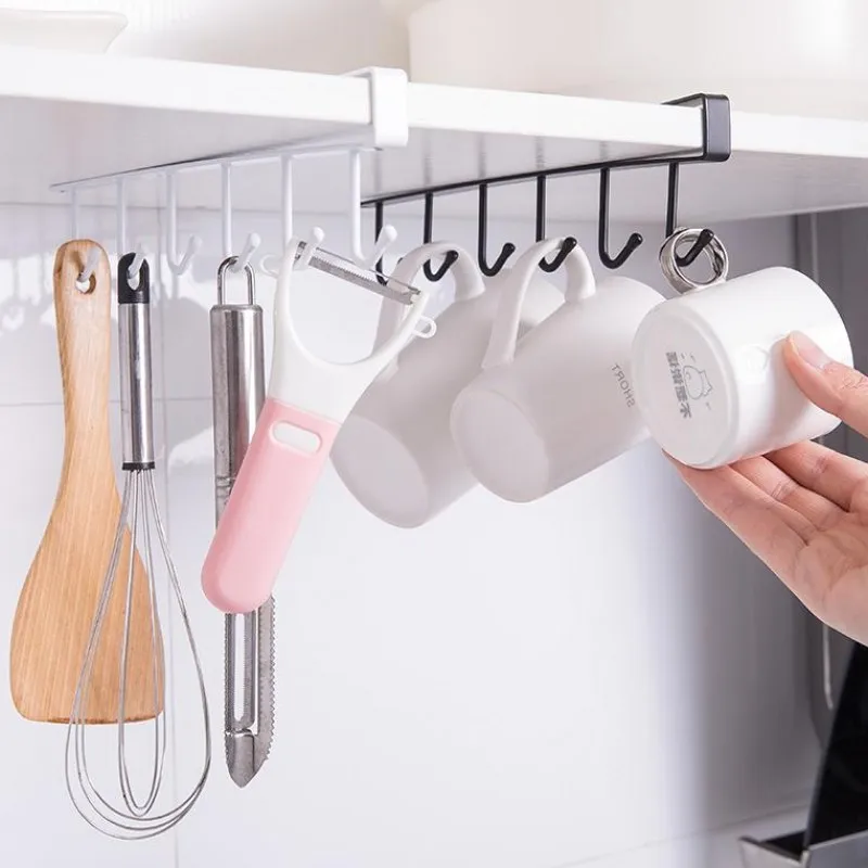 6 Hooks Cup Holder Hang Kitchen Under Shelf Storage Rack