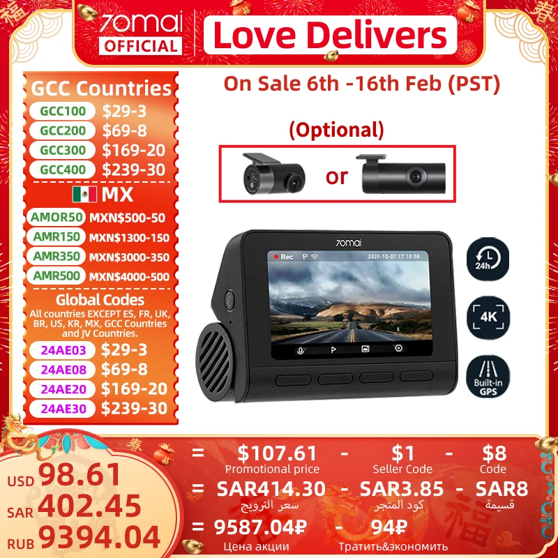 70Mai 4K Dash Cam A800S Gps Integrato Adas 140 ° Fov 70Mai Fotocamera Car Dvr 24H Monitor Di Parcheggio Solo Camma Anteriore, Supporto Posteriore Cam