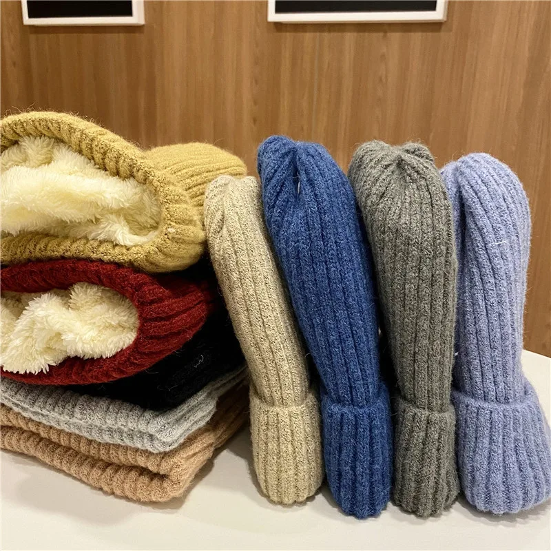 

Korean Winter Hat Women's Simple and Versatile Knitted Cap Men's Velvet Thickened Warm Outdoor Cold-proof Skull Beanie Hats