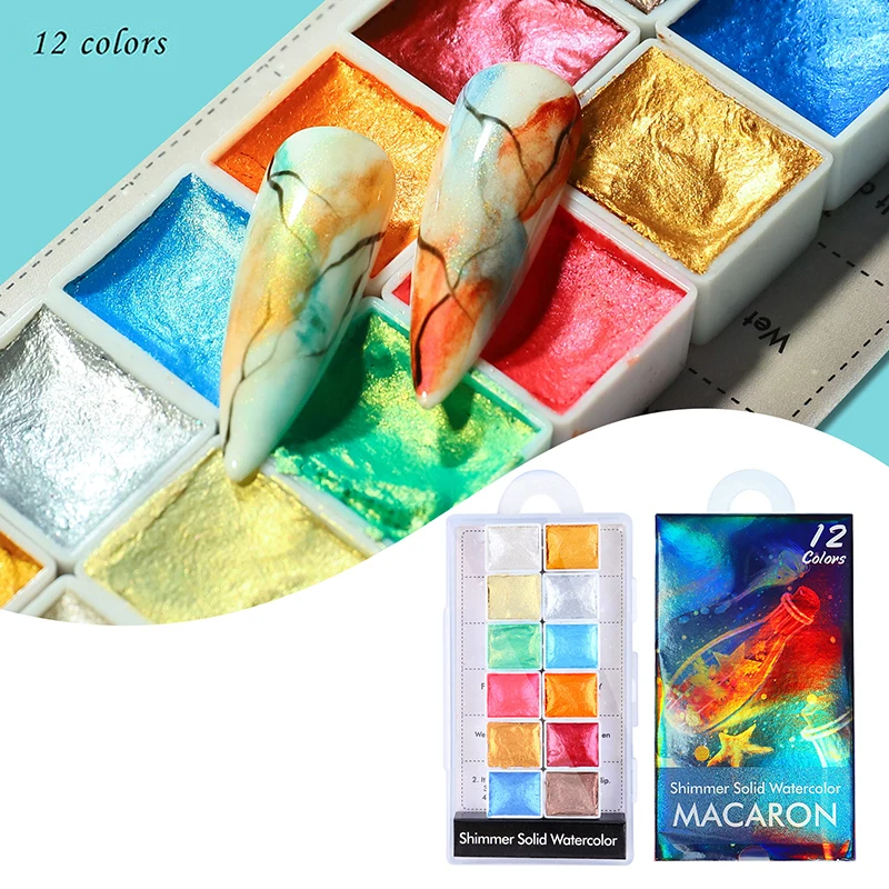 

12Colors Macaroon Shimmer Solid Metallic Watercolor Pigment Nail Art Drawing Paints Glitter Pearlescent Water Color Art Supplies