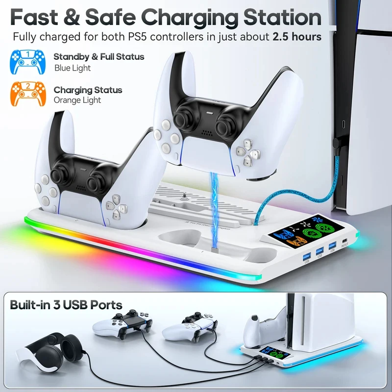 PS5 콘솔 플레이스테이션 PS 5 슬림 프로용 게임 스탠드, 지지대, 쿨러 팬, RGB 게임 액세서리