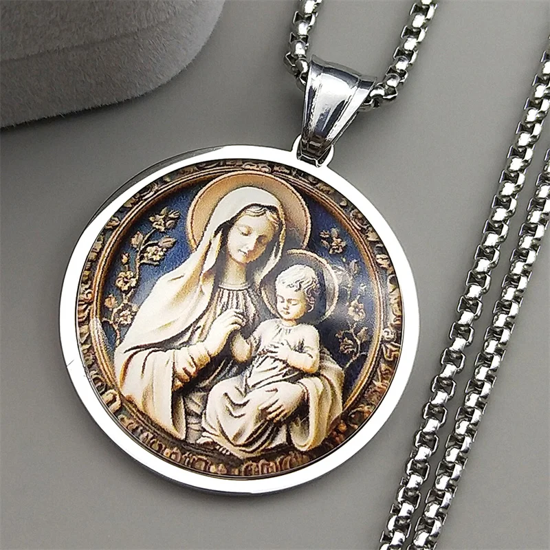 Virgin Mary Hold Baby Jesus Glass Round Medal Pendant Necklace for Women Men Stainless Steel Gold Color Catholic Amulet Jewelry 1