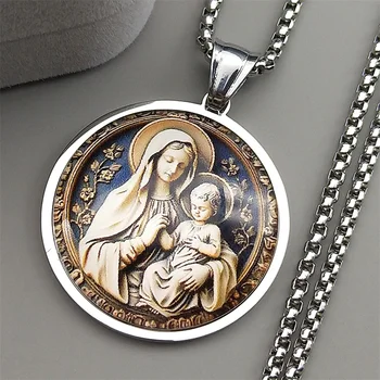 Virgin Mary Hold Baby Jesus Glass Round Medal Pendant Necklace for Women Men Stainless Steel Gold Color Catholic Amulet Jewelry 1