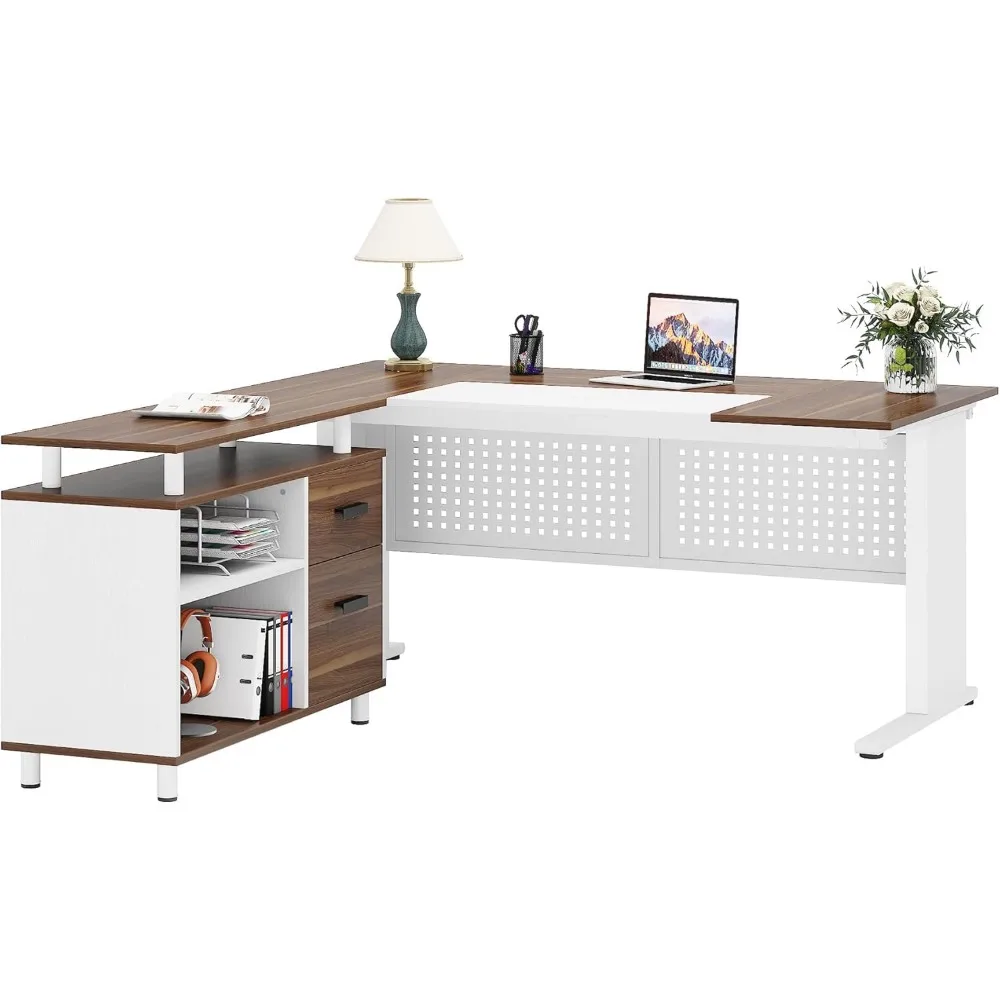 63 Inch Executive Desk with File Cabinet,  Drawers and Storage Shelves, Business Furniture Desk Workstation, L Computer Desk 6