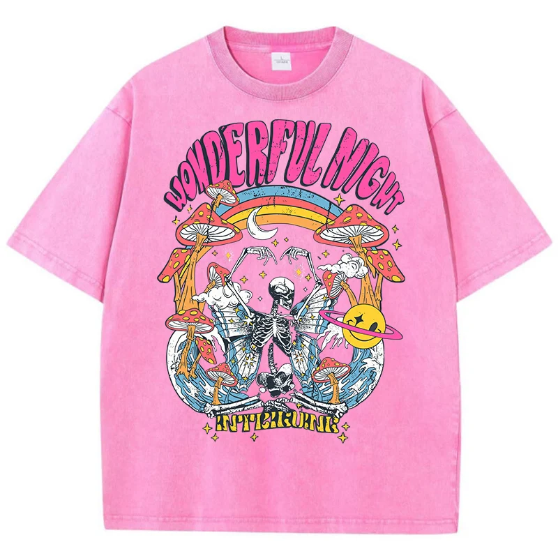 Wonderful Night Skeleton Butterfly Wave Print Mens T-Shirts Fashion Oversized Tops Street Comfortable Clothing Loose Wash Tee