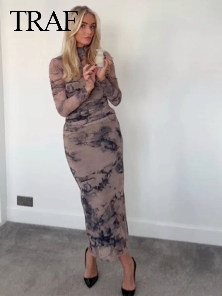 

Платье женское длинное Плиссированное с принтом, круглым вырезом и длинными рукавами