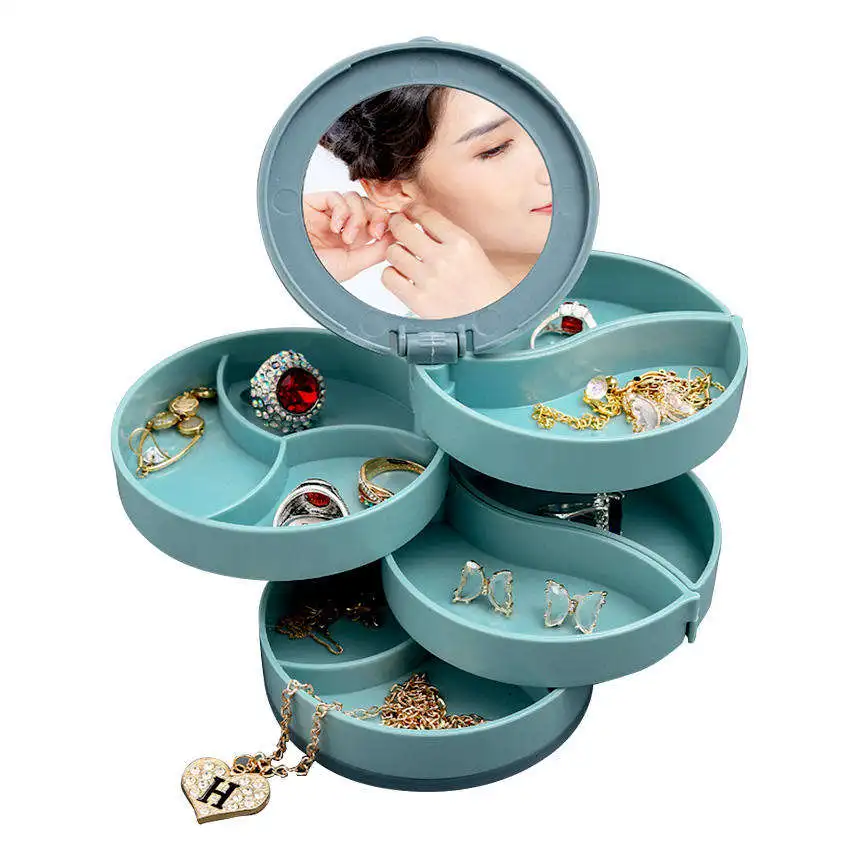 

Jewelry Organizer Small Rotating Storage Case, Mirror Box Earring Holder For Women, 4-Layers Travel Tray Case With Lid Earrings