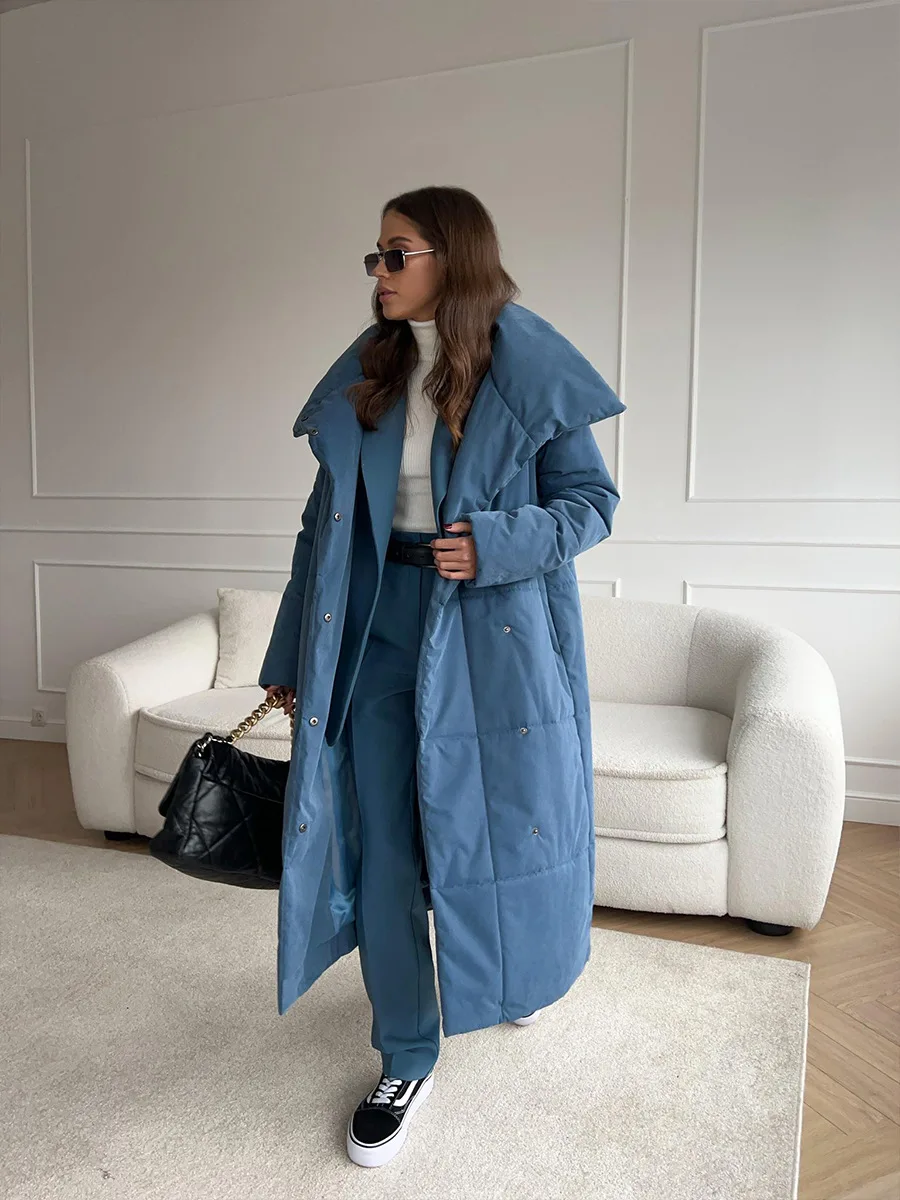 Winter Female Parkas Outwear Loose Lace-Up High Waist Long Sleeve Pocket Lapel Bandage Coat For Women Solid Parkas